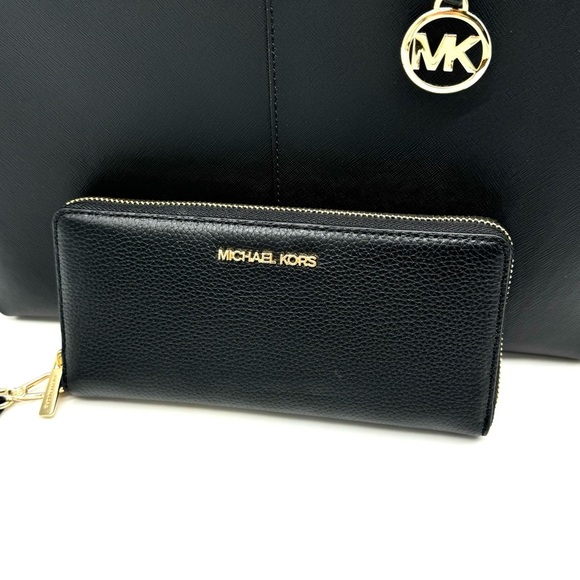Michael Kors Medium Jet Set Travel Zip Tote Bag & Continental Wallet Black/Gold - Picture 11 of 13